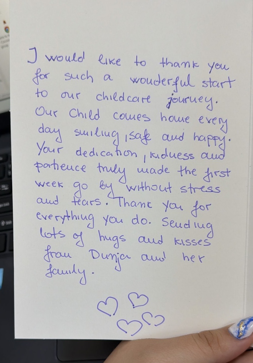 Handwritten card from Dunja and her family