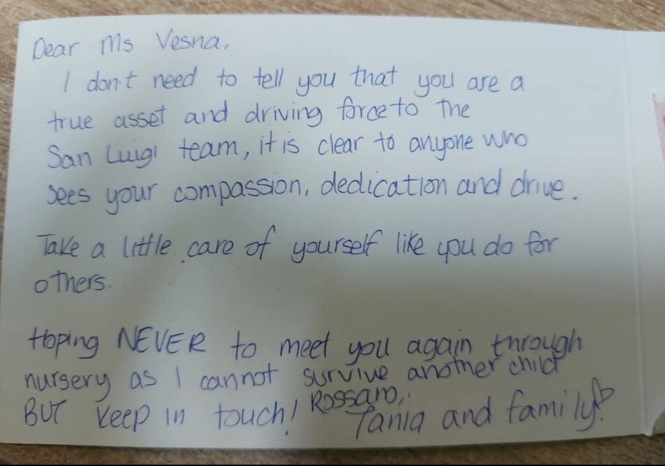 Handwritten card from Tania and family